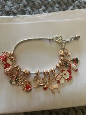 Gold-Tone Festive Christmas Charm Bracelet with Enamel Accents